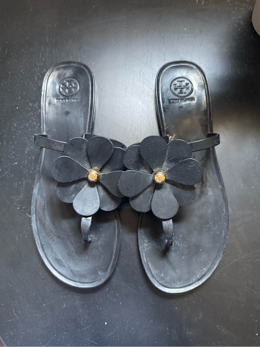 Tory Burch Black Floral Toe-Post Sandals with Gold Accent